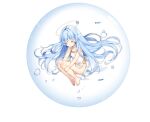  1girl anklet ark_order bare_legs barefoot blue_hair bubble dress fish full_body half-closed_eyes halo head_fins hugging_own_legs jewelry kuen_(ark_order) looking_at_viewer maya_g official_art side_slit solo tachi-e transparent_background water white_dress yellow_eyes 