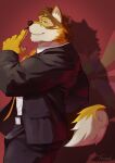  absurd_res anthro barrel_(live-a-hero) belt canid canine canis clothing hi_res lifewonders live-a-hero looking_at_viewer male mammal muscular muscular_anthro muscular_male necktie side_view smile solo suit toratruck9 video_games wolf 