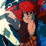  1boy eustass_captain_kid eyewear_on_head fighting fur_coat grin male_focus obobkkp one_piece open_clothes red_hair scar scar_on_face smile solo 