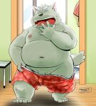  2022 anthro belly black_nose canid canine clothing detailed_background eyes_closed genitals humanoid_genitalia humanoid_hands humanoid_penis inside kemono male mammal moobs navel nipples open_mouth overweight overweight_male penis solo toshi_(artist) underwear yawn 