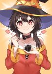  1girl bare_shoulders black_choker blush breasts brown_hair choker dress fang hair_between_eyes holding kono_subarashii_sekai_ni_shukufuku_wo! looking_at_viewer megumin off-shoulder_dress off_shoulder red_dress red_eyes short_hair short_hair_with_long_locks small_breasts smile solo valentine wa_ki_ya_ku 