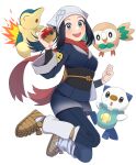  1girl :d absurdres akari_(pokemon) black_hair black_legwear black_shirt blush brown_footwear clenched_hand commentary_request cyndaquil eyelashes floating_hair floating_scarf grey_eyes grey_jacket grey_skirt head_scarf highres holding holding_poke_ball jacket kobaji long_hair loose_socks open_mouth oshawott pantyhose poke_ball poke_ball_(legends) pokemon pokemon_(creature) pokemon_(game) pokemon_legends:_arceus ponytail red_scarf rowlet scarf shirt shoes sidelocks skirt smile starter_pokemon_trio teeth tongue upper_teeth white_background white_headwear white_legwear 