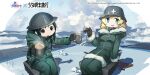  2girls ark_order artist_request black_eyes black_hair blonde_hair blue_eyes chito_(shoujo_shuumatsu_ryokou) coat coffee cup day eyebrows_visible_through_hair green_coat helmet holding holding_cup ice long_hair looking_at_viewer multiple_girls official_art open_mouth outdoors shoujo_shuumatsu_ryokou sitting yuuri_(shoujo_shuumatsu_ryokou) 