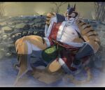  abs anthro bathing blush bulge clothing detailed_background felid hi_res hot_spring kzy_r9877 lifewonders live-a-hero looking_at_viewer male mammal mask muscular muscular_anthro muscular_male nipples one_eye_closed pantherine partially_submerged pecs robe ryekie_(live-a-hero) solo superhero tiger video_games water wink 