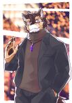  anthro brown_body brown_fur canid canine canis clothing crystal domestic_dog eyebrows fur gesture hi_res jacket jewelry lifewonders live-a-hero looking_at_viewer male mammal necklace ottyo_kope paw[ads pubraseer solo thick_eyebrows topwear turtleneck video_games waving 