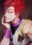  1boy earrings facial_mark hair_slicked_back hand_on_own_face highres hisoka_morow hunter_x_hunter jewelry looking_at_viewer male_focus marumeco8 red_hair sleeveless smile smirk solo yellow_eyes 