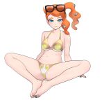  1girl absurdres alternate_costume arm_support barefoot bikini blush breasts character_print cleavage closed_mouth commentary_request eyelashes feet_together full_body green_eyes green_nails hair_ornament heart heart_hair_ornament highres knees_apart_feet_together looking_at_viewer nail_polish navel orange_hair pokemon pokemon_(game) pokemon_swsh side_ponytail simple_background single_sidelock sitting smile solo sonia_(pokemon) spread_legs swimsuit tied_hair toenail_polish toenails white_background xin_lan_deng yamper 