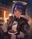  1girl arknights asymmetrical_gloves bangs black_gloves black_jacket blue_eyes blue_hair blush building commentary_request emknov eyebrows_visible_through_hair food fur-trimmed_jacket fur_trim gloves halo highres holding holding_food horns jacket long_hair long_sleeves mismatched_gloves mostima_(arknights) night open_clothes open_jacket outdoors parted_lips shirt skyscraper smile solo_focus swept_bangs takoyaki upper_body white_gloves white_shirt 