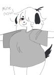  2022 :3 anthro big_shirt biped black_ears black_eyebrows black_nose black_tail bottomless canid canine canis clothed clothing cute_fangs dialogue digital_media_(artwork) domestic_dog english_text eyebrows female floppy_ears front_view fur grey_clothing grey_shirt grey_t-shirt grey_topwear hair hair_over_eye hi_res looking_at_clothing looking_at_object mammal monotone_body monotone_clothing monotone_fur monotone_hair monotone_shirt monotone_topwear no_shading one_eye_obstructed open_mouth oversized_shirt partially_clothed pink_cheeks pink_tongue portrait puppychan puppychan48 shirt simple_background solo spread_arms standing t-shirt text three-quarter_portrait tongue tongue_out topwear white_background white_body white_fur 