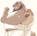  anthro beard bottomwear boxers_(clothing) brown_body brown_fur cigarette clothing duo embrace ena_(lm) eyes_closed eyewear facial_hair flushed flustered fur garouzuki glasses happy hi_res hug hugging_from_behind hyaenid kemono love male male/male mammal overweight overweight_male pajamas shirt simple_background spotted_hyena tom_(lm) topwear underwear ursid white_background white_boxers 