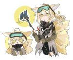  1girl animal_ear_fluff animal_ears arknights bangs black_scarf blonde_hair blush blush_stickers chibi cowboy_shot eyebrows_visible_through_hair fingerless_gloves fox_ears fox_girl fox_tail gloves goggles goggles_on_head holding long_hair multiple_tails multiple_views odmised official_alternate_costume scarf simple_background solo star_(symbol) suzuran_(arknights) suzuran_(lostlands_flowering)_(arknights) tail white_background yellow_eyes 