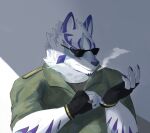  581rsiy anthro canid canine clawed_fingers clothing eyewear facial_markings fingerless_gloves fur gloves handwear head_markings hi_res lifewonders live-a-hero male mammal markings military_uniform sadayoshi smoking solo sunglasses uniform video_games white_body white_fur 