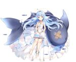  &gt;_&lt; 1girl anklet ark_order bangs blue_hair blue_scrunchie book book_on_lap bubble crossed_bandaids detached_sleeves dress fish head_fins horns jewelry kuen_(ark_order) long_hair looking_at_viewer maya_g narwhal necklace official_art open_book scrunchie short_sleeves single_horn sitting smile solo tachi-e tassel transparent_background very_long_hair white_dress white_footwear wrist_scrunchie yellow_eyes 