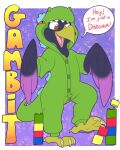  anthro avian bird corvid dinosaur english_text gambit gambit_(the_corvid) hi_res jaqrabbit_(artist) lego male onesie oscine passerine reptile scalie solo text 