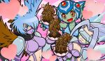  3girls :d ancientirismon ancientmermaimon argyle argyle_background artist_request bangs bare_shoulders belt bikini black_belt black_scarf blue_eyes blue_hair blue_headwear blue_swimsuit blush_stickers breasts butterfly_wings chocolate claws cleavage closed_mouth collarbone colored_skin commentary_request covered_eyes covered_mouth digimon digimon_(creature) eyebrows_visible_through_hair facial_mark fairymon feathered_wings fingerless_gloves fins floating_hair food gauntlets gloves green_skin hair_between_eyes hair_intakes hair_ornament hair_wings hairband head_fins head_wings heart holding holding_chocolate holding_food jetsilphymon large_breasts long_hair looking_at_viewer mask medium_breasts midriff mouth_mask multiple_girls navel official_art open_mouth outstretched_arms pink_background purple_belt purple_bikini purple_gloves purple_hair purple_hairband ranamon red_eyes scarf shoulder_pads shutumon sidelocks slit_pupils smile standing swimsuit upper_body valentine visor wings 