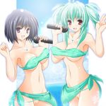  :d antenna_hair aqua_hair aqua_sarong bandeau bare_shoulders bikini black_hair blush breasts cleavage cloud covered_nipples day idol jewelry kirisaki_kyouko_(toloveru) large_breasts microphone multiple_girls music navel necklace no_panties open_mouth outdoors print_bikini purple_eyes pussy red_eyes run_elsie_jewelria sarong short_hair short_twintails singing sky smile standing star star_print sweat swimsuit to_love-ru twintails uncensored underboob v water womi 