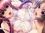  2girls breasts censored cum cum_explosion disembodied_penis double_paizuri game_cg multiple_girls multiple_paizuri open_mouth overflow paizuri penis yakin_byoutou 