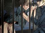  2boys bars blonde_hair blush bottomless crying durer_(enzai) enzai eyes_closed gun guys_(enzai) multiple_boys penis prison prisoner tears uncensored uniform weapon yaoi yellow_eyes 