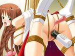  1girl anal anal_beads anal_insertion anal_object_insertion ass_juice bdsm blush bondage bound bound_ankles bound_legs breast_bondage breasts brown_hair dildo double_penetration enomoto_hiroaki game_cg green_eyes japanese_clothes karen_soft kisaragi_kanae long_hair miko miko_shibari nipple_clamps nipple_pull nipple_vibrator nipples object_insertion open_mouth pussy pussy_juice saliva shibari solo suspension tongue tongue_out vibrator 