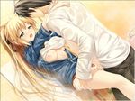  1boy 1girl blush breasts censored clothed_sex game_cg indoors open_mouth penis sex shower vaginal 