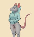  2021 anthro bottomless breasts clothed clothing female fur genitals grey_background grey_body grey_eyes grey_fur hi_res mammal murid murine pink_ears pink_nose pink_tail portrait pussy rat rodent schmutzo simple_background solo three-quarter_portrait zero_fucks_given 