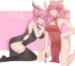  2girls absurdres animal_ears breasts china_dress chinese_clothes dress earrings fox_ears fox_girl genshin_impact highres honkai_(series) honkai_impact_3rd jewelry large_breasts looking_at_viewer multiple_girls pale_skin pink_hair purple_eyes revealing_clothes shiba257 thick_thighs thighs yae_miko yae_sakura 