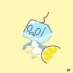  afloat animal_focus bird commentary eiscue eiscue_(ice) food fruit highres ice ice_cube james_turner lemon lemon_slice looking_up no_humans penguin pokemon pokemon_(creature) signature solo yellow_background 