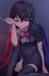  1girl arm_at_side asymmetrical_wings bangs black_hair black_legwear blue_wings breasts buttons center_frills cigarette eyelashes feet_out_of_frame fingernails frills hair_between_eyes highres holding holding_cigarette houjuu_nue kisamu_(ksmz) looking_at_viewer open_mouth pointy_ears purple_background red_eyes red_wings short_hair short_sleeves sidelocks sitting slit_pupils small_breasts smoke smoking solo thighhighs touhou wings 
