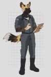  2022 african_wild_dog anthro athletic big_ears black_nose boots canid canine clipboard clothed clothing fari_paredes footwear fur fur_pattern fuzzy_tail hi_res jumpsuit male mammal multicolored_body multicolored_fur orange_eyes pencil_(object) science_fiction simple_background solo strayserval 