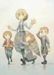  2boys 2girls asterisk_kome bird_tail bird_wings blue_pants brown_hair brown_jacket brown_robe child commentary_request height_difference highres hug jacket low_wings multiple_boys multiple_girls nora_allison pants ponytail short_hair standing suspenders tagme tail winged_fusiliers wings 