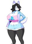  2022 anthro big_breasts black_hair blue_eyes blush blush_stickers bottomwear breasts canid canine canis cleavage clothed clothing cutoffs denim denim_clothing domestic_dog ear_piercing female hair hair_over_eye hi_res inner_ear_fluff jacket legwear looking_at_viewer maggie_applebee mammal midriff one_eye_obstructed piercing playstation shirt shorts signature simple_background smile solo sony_corporation sony_interactive_entertainment theycallhimcake topwear tuft video_games white_background 