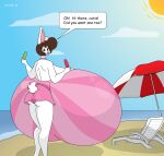 2013 anthro beach beach_chair big_breasts bonnie_(satsumalord) breasts brown_eyes brown_hair butt clothing cloud digital_media_(artwork) english_text female food fur hair hi_res huge_breasts hyper hyper_breasts lagomorph leporid mammal open_mouth popsicle rabbit satsumalord seaside sky solo speech_bubble sun swimwear text umbrella water white_body white_fur 