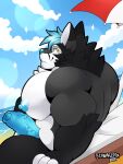  anthro beach big_muscles big_pecs black_body black_fur blue_hair blue_nipples blue_nose blue_penis canid canine canis erection fox fur genitals hair hi_res hybrid male mammal muscular muscular_anthro muscular_male nipples outside pecs penis schwarzfox schwarzfox_(character) seaside sky solo wolf 