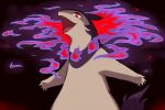  black_background commentary_request embers fangs fire hisuian_typhlosion looking_at_viewer open_mouth outstretched_arms pink_fire pokemon pokemon_(creature) red_eyes shiwo_(siwosi) slit_pupils tongue 