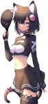  1girl :3 absurdres animal_ear_fluff animal_ear_legwear animal_ears bangs black_hair black_legwear blue_eyes blush breasts cat_ear_legwear cat_ears cat_tail choker doughnut_hair_ornament eyebrows_visible_through_hair fingerless_gloves food-themed_hair_ornament garter_straps gloves hair_between_eyes hair_ornament hat hat_removed headwear_removed highres jun_(aousa0328) looking_at_viewer medium_breasts midriff navel original short_hair skirt solo tail thighhighs white_background 