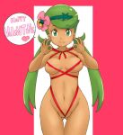  1girl areola_slip areolae ass_visible_through_thighs bangs breasts closed_mouth commentary_request cowboy_shot dark-skinned_female dark_skin english_text flower green_eyes green_hair green_headband hair_flower hair_ornament happy_valentine headband long_hair looking_at_viewer low_twintails mallow_(pokemon) medium_breasts naked_ribbon navel pink_flower pokemon pokemon_(game) pokemon_sm pussy red_ribbon ribbon smile solo standing swept_bangs thigh_gap tof twintails valentine wedgie 
