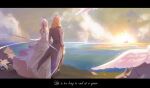  1boy 1girl absurdres back bird black_coat blonde_hair cloud cloudy_sky coat dove dress highres honkai_(series) honkai_impact_3rd kalianabokalisi kallen_kaslana long_hair long_sleeves ocean otto_apocalypse outdoors side_ponytail sky standing sunset wedding_dress white_dress white_hair 