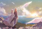  1boy 1girl absurdres back bird black_coat blonde_hair cloud cloudy_sky coat dove dress highres honkai_(series) honkai_impact_3rd kalianabokalisi kallen_kaslana long_hair long_sleeves ocean otto_apocalypse outdoors side_ponytail sky standing sunset wedding_dress white_dress white_hair 