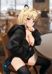  1girl :3 alternate_costume animal_ear_fluff animal_ears arknights black_jacket black_legwear blonde_hair blurry blurry_background breast_tattoo breasts cleavage closed_mouth depth_of_field ett exhibitionism eyebrows_visible_through_hair hair_ornament hairclip hand_in_pocket hand_on_own_chin indoors jacket large_breasts long_sleeves looking_at_viewer naked_jacket no_bra public_indecency red_eyes short_hair sitting skindentation solo table tail tattoo thighhighs utage_(arknights) x_hair_ornament 