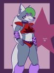  2022 absurd_res animatronic anthro big_breasts breasts bubble_butt butt clothed clothing female five_nights_at_freddy&#039;s five_nights_at_freddy&#039;s:_security_breach hi_res machine midriff navel nokamiwd pattern_clothing robot roxanne_wolf_(fnaf) scottgames simple_background solo striped_clothing stripes thick_thighs topwear under_boob underwear video_games 