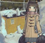  1girl bag bangs black_eyes black_hair black_skirt blunt_bangs blush brown_coat bunny chromatic_aberration coat eyebrows_visible_through_hair highres holding holding_bag long_hair looking_at_viewer original parted_lips pleated_skirt rnfhv scarf skirt snow solo trash_bag trash_can twintails 