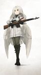 1girl asterisk_kome bird_tail bird_wings boots claudia_bell coat commentary_request green_pants grey_eyes gun highres long_hair low_wings military military_coat pants rifle sniper_rifle standing tail weapon weapon_request white_coat white_hair white_wings winged_fusiliers wings 