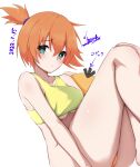  1girl asymmetrical_hair bikini blush breasts commentary_request embarrassed eyelashes green_eyes hair_between_eyes hair_tie highres honma_(honmatomohiro) looking_at_viewer misty_(pokemon) orange_hair pokemon pokemon_(anime) pokemon_(classic_anime) pokemon_(creature) ponytail psyduck shirt short_hair short_shorts shorts side_ponytail solo swimsuit tank_top thick_thighs thighhighs thighs thong tied_hair underboob yellow_shirt yellow_tank_top 