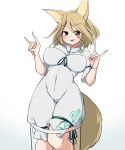  1girl animal_ears blonde_hair breasts brown_eyes corked_bottle covered_navel flat_chest fox_ears fox_girl fox_shadow_puppet fox_tail green_ribbon highres itatatata kudamaki_tsukasa large_breasts ribbon romper short_hair socks tail test_tube touhou white_legwear 