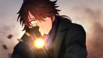  1boy aiming_at_viewer bangs belmond_banderas black_jacket brown_eyes brown_hair choco_(chocovix112) eyebrows_visible_through_hair facial_hair firing firing_at_viewer gun hair_between_eyes highres jacket long_hair looking_at_viewer low_ponytail male_focus motion_blur nijisanji outdoors parted_lips ponytail purple_scarf scarf shell_casing solo stubble sunset thick_eyebrows upper_body virtual_youtuber weapon 