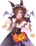  1girl :d animal_ears black_bow black_bowtie black_gloves black_hairband blush bow bowtie brown_hair center_frills fang frilled_hairband frilled_shirt frills gloves gothic_lolita hair_over_one_eye hairband halloween high-waist_skirt highres horse_ears horse_girl koushin_ryo lolita_fashion lolita_hairband long_hair looking_at_viewer make_up_in_halloween!_(umamusume) official_alternate_costume open_mouth puffy_short_sleeves puffy_sleeves purple_eyes purple_skirt rice_shower_(umamusume) shirt short_sleeves skin_fang skirt smile solo umamusume w_arms white_shirt 