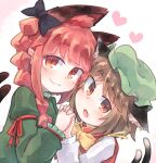  2girls animal_ear_fluff animal_ears black_bow blush bow bowtie braid brown_hair cat_ears cat_tail cheek-to-cheek chen dress earrings green_dress green_headwear hand_up hat heads_together heart highres holding_hands interlocked_fingers jewelry kaenbyou_rin kibisake long_hair long_sleeves looking_at_viewer mob_cap multiple_girls multiple_tails nekomata open_mouth pink_background red_eyes red_hair shirt short_hair single_earring smile tail touhou twin_braids two_tails white_background white_shirt yellow_bow yellow_bowtie yuri 