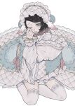  1boy alternate_costume animal_ears black_hair bob_cut bonnet bow bowtie brooch colored_tips don_(macaron_panda13) dress enmu_(kimetsu_no_yaiba) frills green_eyes highres horns jewelry kimetsu_no_yaiba lace-trimmed_dress lace-trimmed_sleeves lace_trim layered_sleeves looking_at_viewer male_focus mole mole_under_eye multicolored_hair object_hug one_eye_closed pillow pillow_hug puffy_short_sleeves puffy_sleeves red_hair red_ribbon ribbon rubbing_eyes sheep_ears sheep_horns short_hair short_sleeves simple_background sitting solo streaked_hair text_in_eyes thighhighs two-tone_hair upper_body white_background white_legwear 