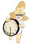  2018 animal_crossing anthro barefoot canid canine canis clock clothed clothing domestic_dog eyewear feet female filthy_frank hi_res humor isabelle_(animal_crossing) it&#039;s_time_to_stop mammal meme nintendo open_mouth paws simple_background solo standing sunglasses teabrodraws video_games white_background 