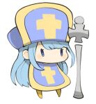  1girl aqua_hair bodysuit chibi cross dragon_quest dragon_quest_iii full_body hat long_hair lowres mitre mota priest_(dq3) simple_background solo staff tabard white_background 